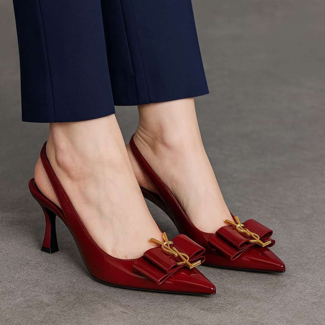 Burgundy Kitten Heel Shoes For Women – Stylish Slingback Design With Gold Accent Bow, Comfortable Fit, And Classy Glossy Finish (10) Rs 2,190