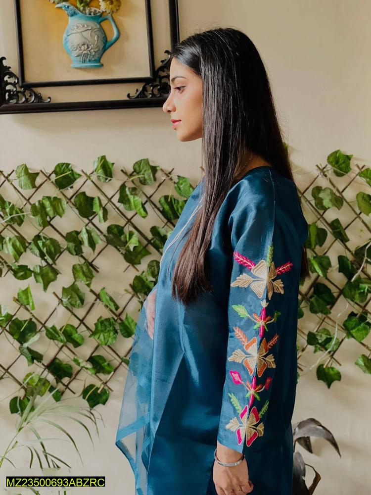 3 Pcs Women's Stitched Katan Silk Embroidered Suit